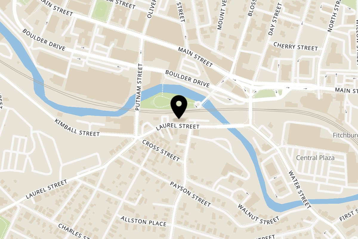 Map showing the location of Zeda's Pizza on 65 Laurel St in Fitchburg